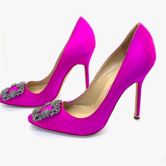 Manolo Blahnik Shoes - Manolo Blahnik HANGISI Pink Satin Jewel Buckle